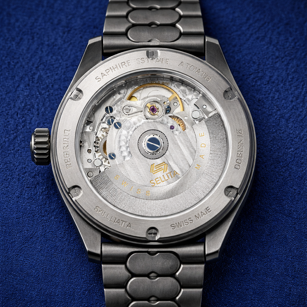 The Apple Timepiece — exhibition caseback showing Sellita SW240 movement